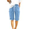 Women's Fashionable Color Elastic Waist Pocket Casual Loose Cotton And Linen Rolled Edge Five Quarter Shorts