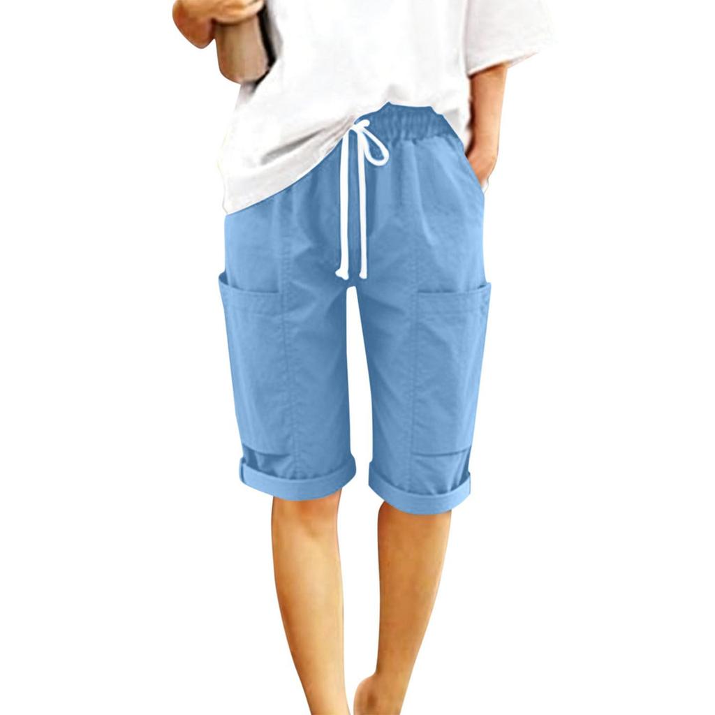 Women's Fashionable Color Elastic Waist Pocket Casual Loose Cotton And Linen Rolled Edge Five Quarter Shorts