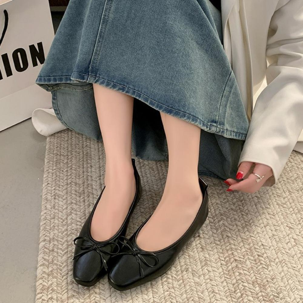 Women Leather Flat Shoes Fashionable Round Toe Casual Ballerina Bow Ballet Shoes Soft Moccasin Black with Beige Lolita Shoes