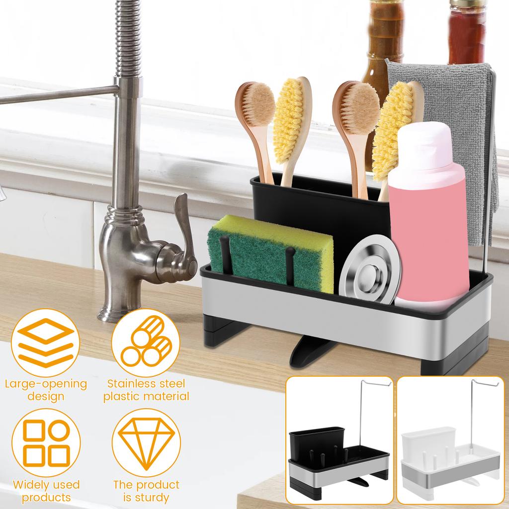 Sponge Holder for Kitchen Sink Multifunctional Sink Caddy with Auto Drain Tray Rust Resistant Kitchen Sponge Holder for Brush