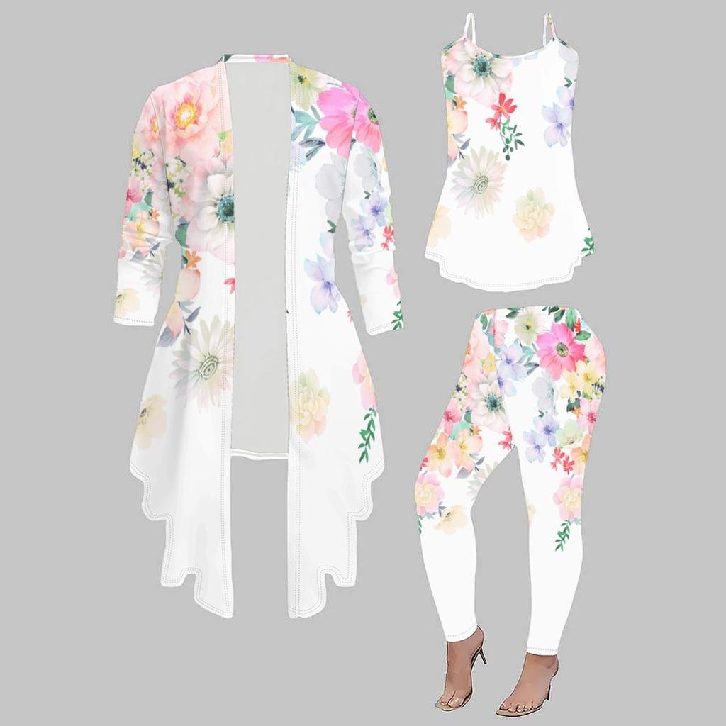 Plus Size Flower Print 3 Piece Outfit, Long Sleeve Open Front Cardigan Cami Top Leggings Set for Women