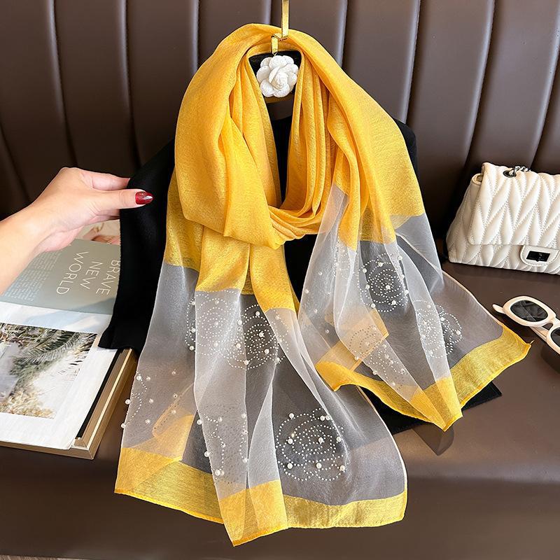 Elegant Organza Silk Scarf With Beads Solid Color 190*70Cm Long Scarves Embroidery Flowers Pearl Solid Shawls For Women Hijab