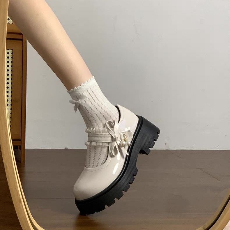 French Platform Retro Small Leather Shoes Women's 2025 Spring and Summer New Versatile Bow Pearl Mary Jane Small Leather Shoes Women