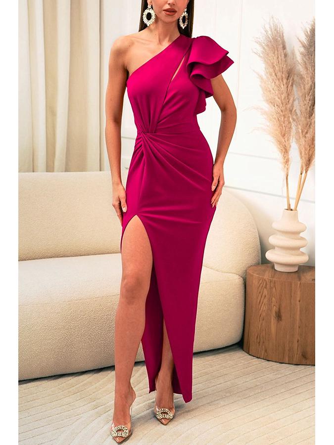 European & American Women's One-Shoulder Cutout Ruffle Sleeve Slit Evening Dress - Solid Color 8082