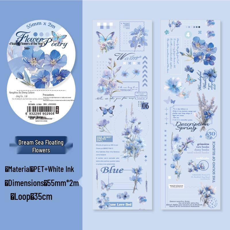 Floral PET Collage Tape: 6 Styles - Flower Text & White Ink for Journals