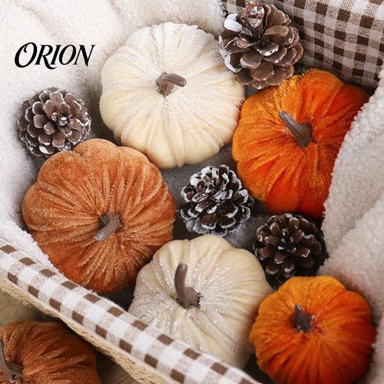 Halloween Themed Stuffed Pumpkin Small Velvet Thanksgiving Table Centerpiece, Soft Cool Patterns for Fall Harvest Farmhouse Decoration Decor
