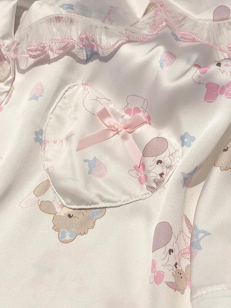 Summer Silk Pajamas Set: Cute Cartoon, Short Sleeve & Shorts