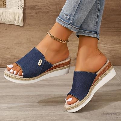 High Heel Platform Wedge Sandals - Slip-On Comfy Summer Slides with Faux Leather Insole and PU Sole - Versatile Open-Toe Shoes for Women
