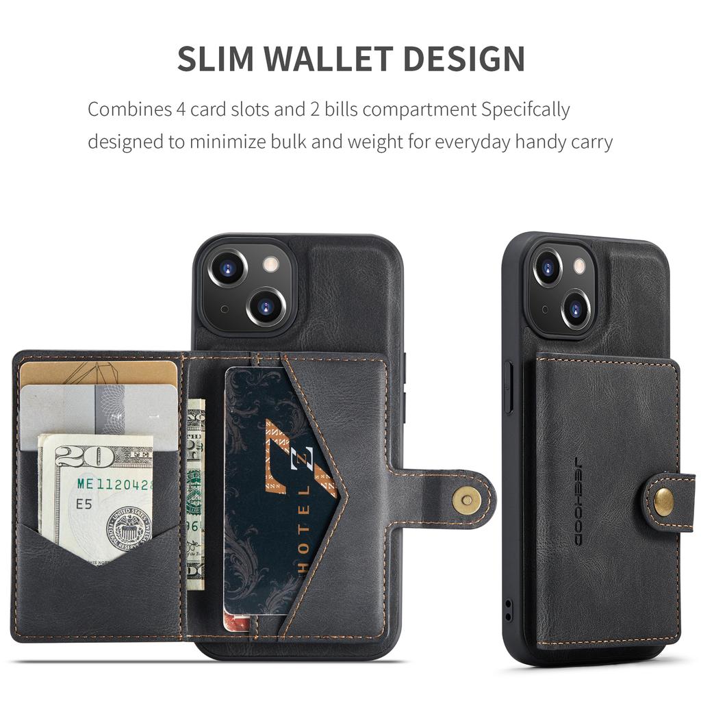 For iPhone 14 Plus Case JEEHOOD J01 Retro Leather Phone Back Cover with Detachable Magnetic Card Holder
