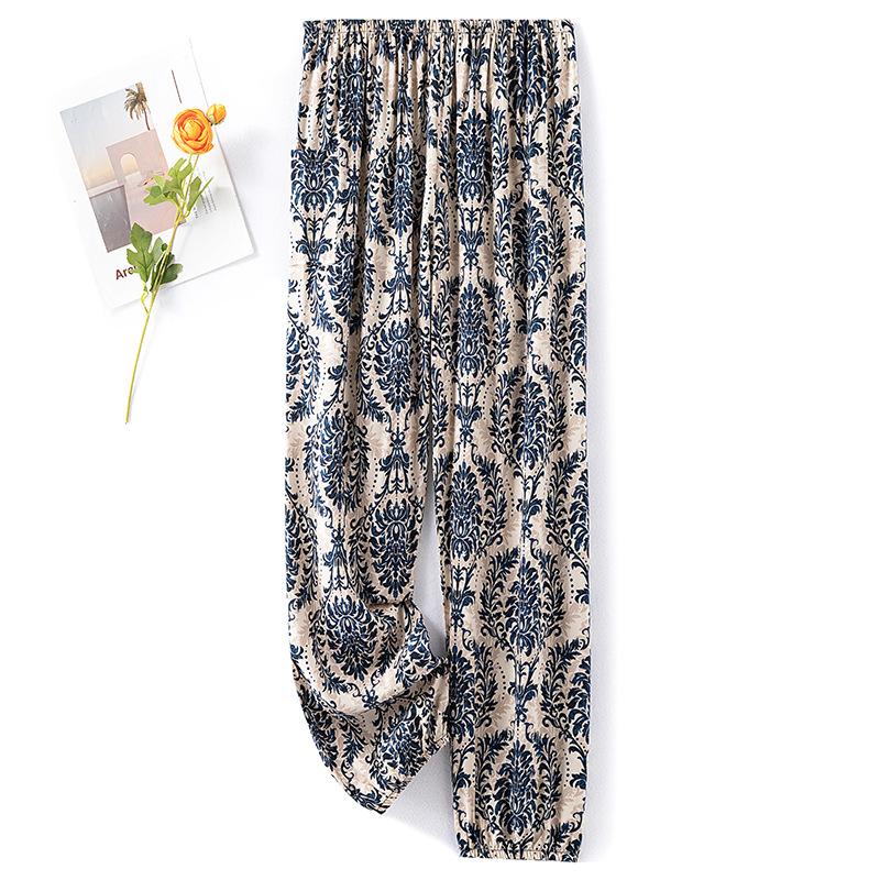 Pantaloni de pijama din bumbac mătase pentru femei, secțiune subțire de vară, anti-țânțari, pantaloni cu picior lat, culoare uni, pentru exterior, casă, petrecere a timpului liber, imprimeu, pantaloni de plajă până la genunchi