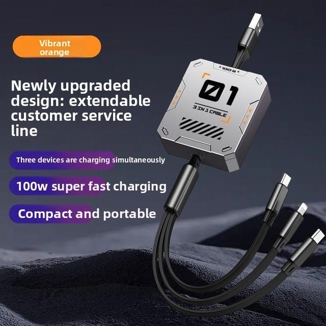 Universal 100w Fast Charging 3in1 Data Cable With Telescopic Design For Apple Huawei Android Devices