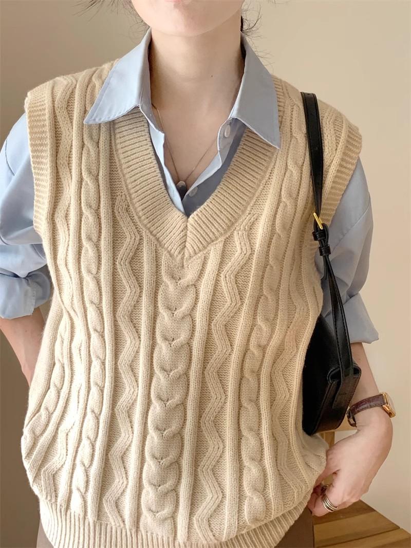 

DIMANAF 2024 Новые осенние свитера Жилет Пуловер Женские однотонные свитера без рукавов с V-образным вырезом Вязаный свободный свитер One Size бежевый