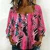 Women Square Neck Blouse Teal Leopard Floral Patchwork Print Ruffle Three Quarter Sleeve Shirt