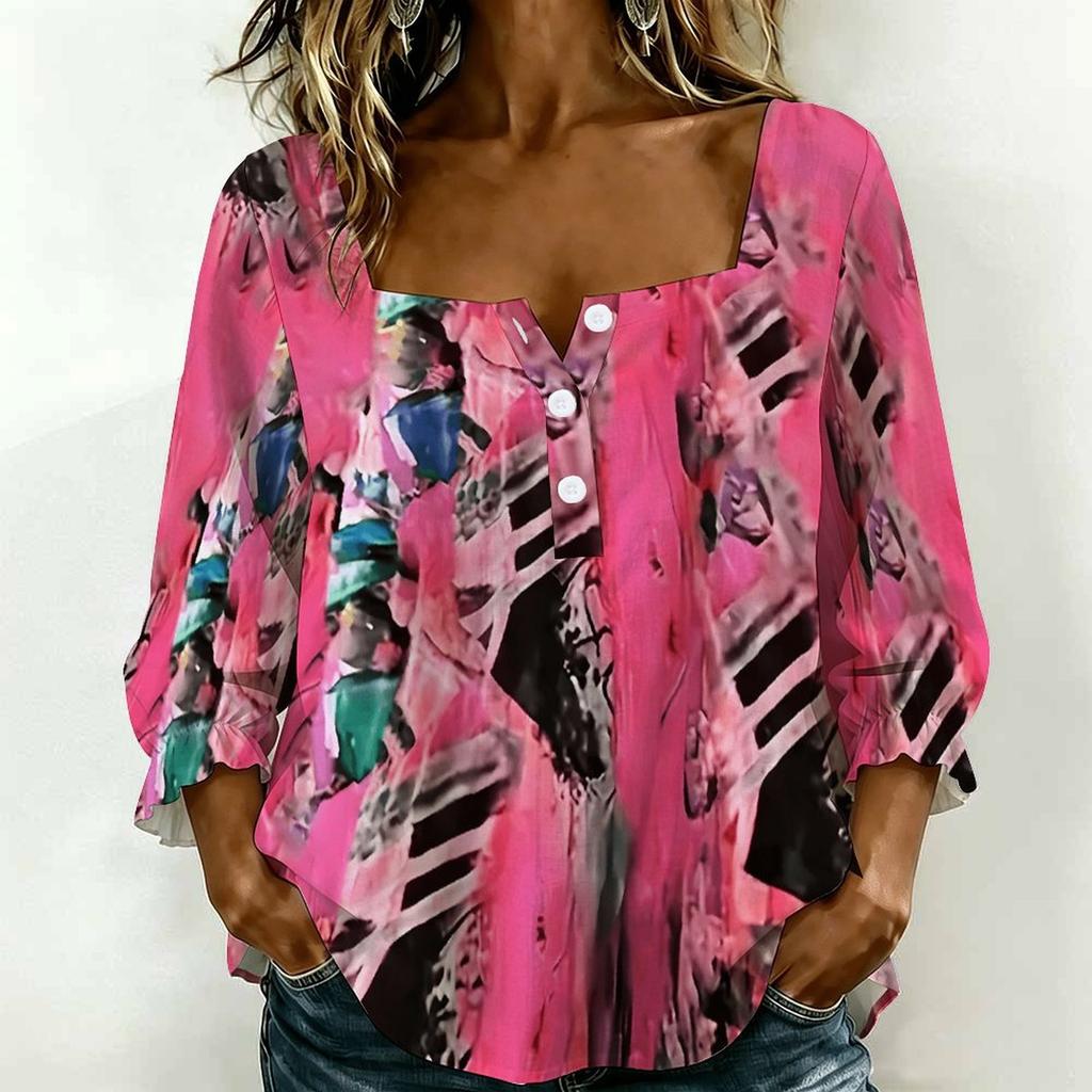 Women Square Neck Blouse Teal Leopard Floral Patchwork Print Ruffle Three Quarter Sleeve Shirt