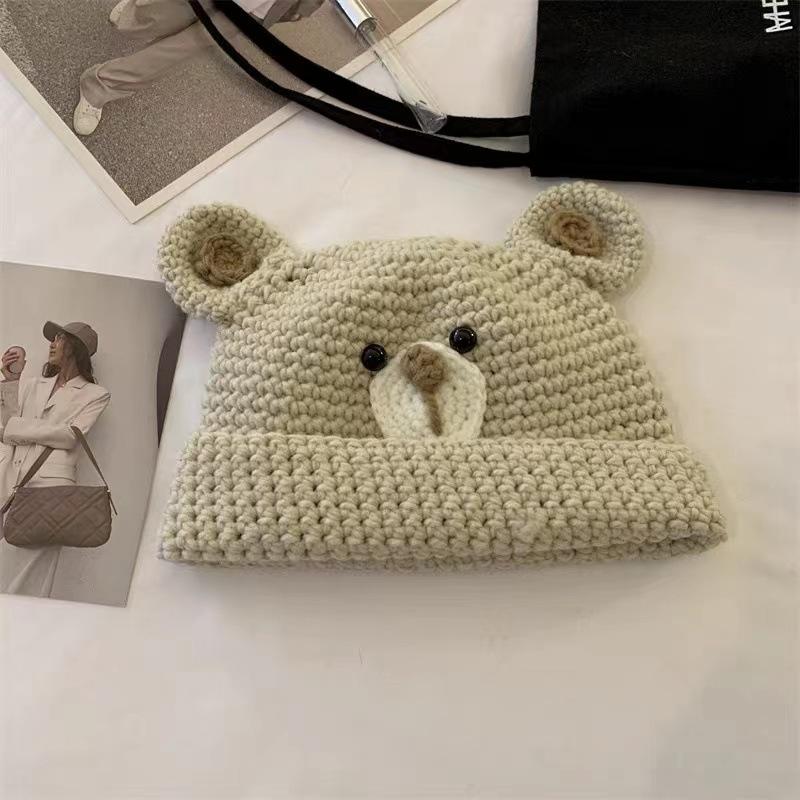 Versatile Hat Style Cute Cartoon Bear Ear Womens Warm Knitted Hatscaps