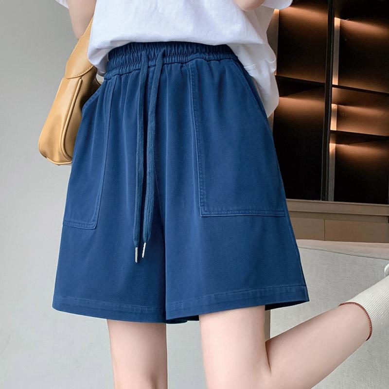 Plus Size Women's Sport Shorts Stretch Elastic Waist Washed Solid Color Lyocell Thin Wide Leg Shorts with Large Pockets