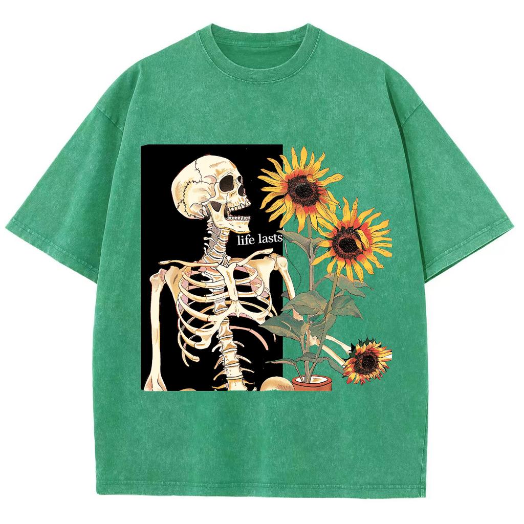 Skull Sunflower Print Printing T-Shirts Women Casual 100% Cotton T-Shirt Breathable Clothing Casual Oversized Tee Shirt