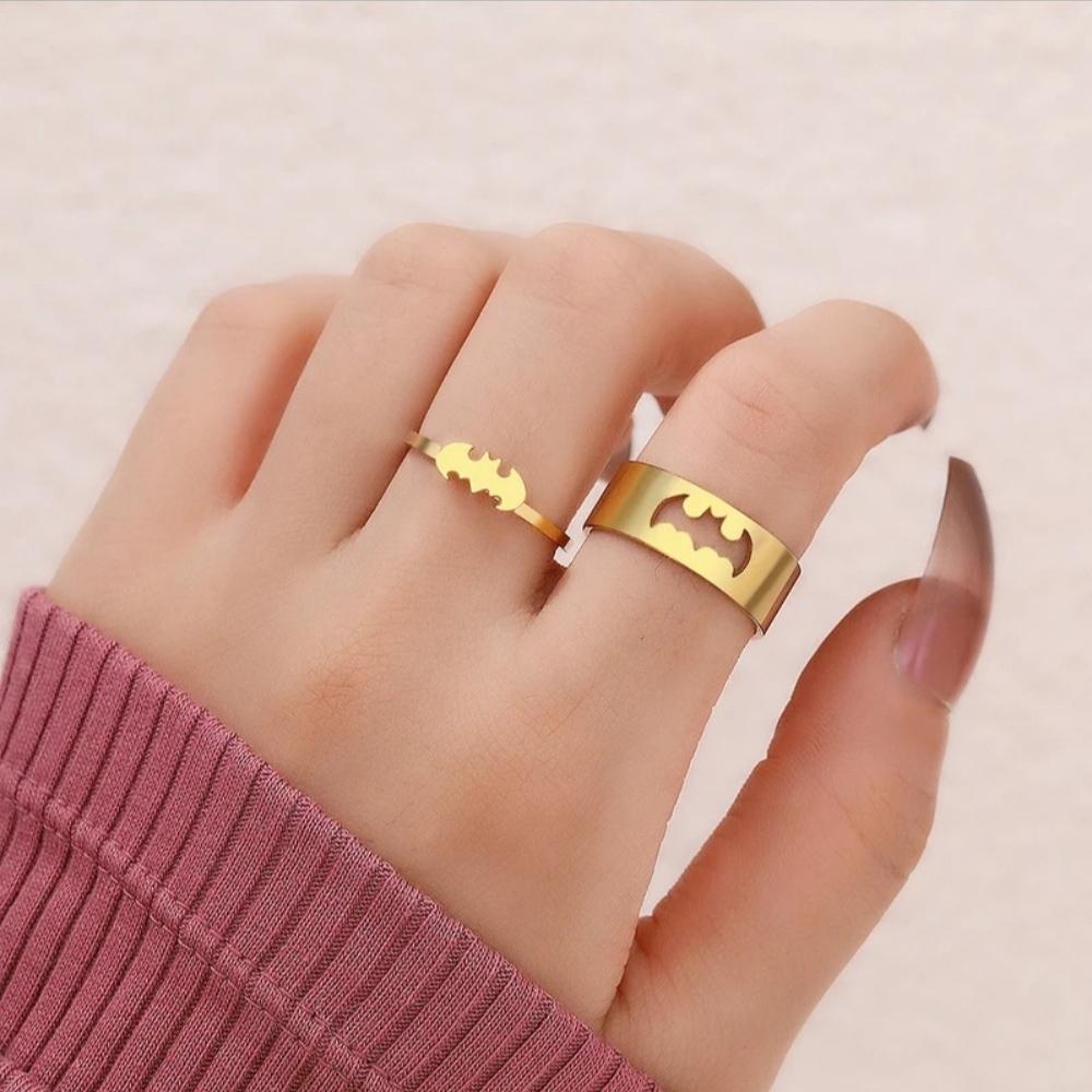 New Arrival Trendy Stainless Steel Bat Couple Rings for Women Men Punk Opening Hip Hop Rock Finger Jewelry Set Gift Colorfast