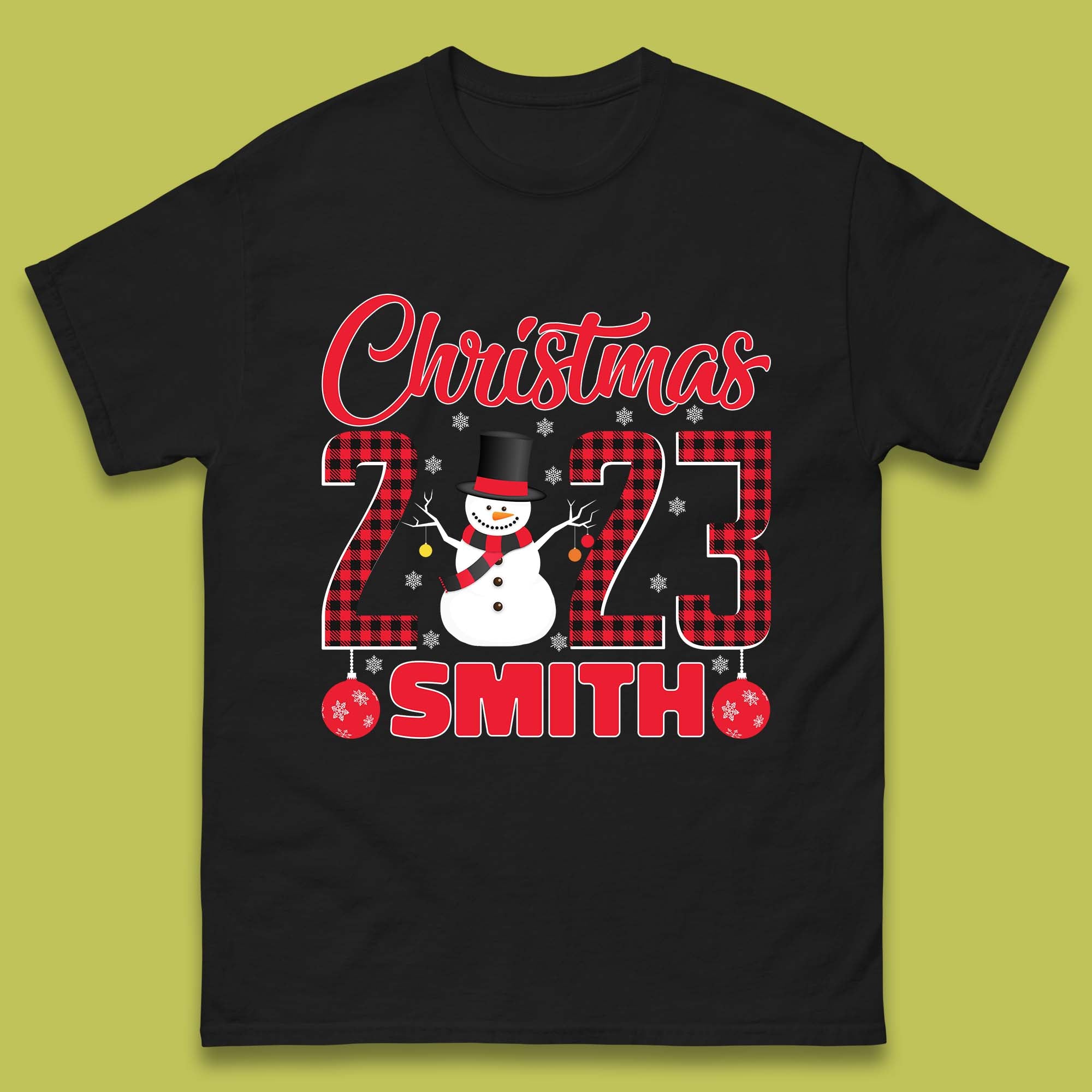 Personalised Christmas 2023 Your Name Snowman Buffalo Plaid Xmas Mens Tee Top M