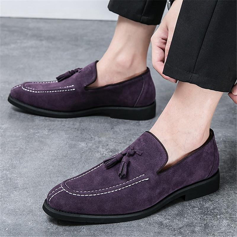 New Britain Fashion Men's Pointed Bule Purple Tassels Slip On Casual Shoes Loafers Formal Wedding Dress Footwear Zapatos Hombre