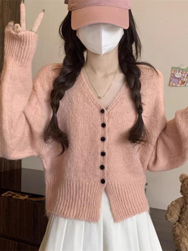 Korean Style V-Neck Knit Cardigan - Autumn/Winter 2025 Women's Casual Long Sleeve Sweater