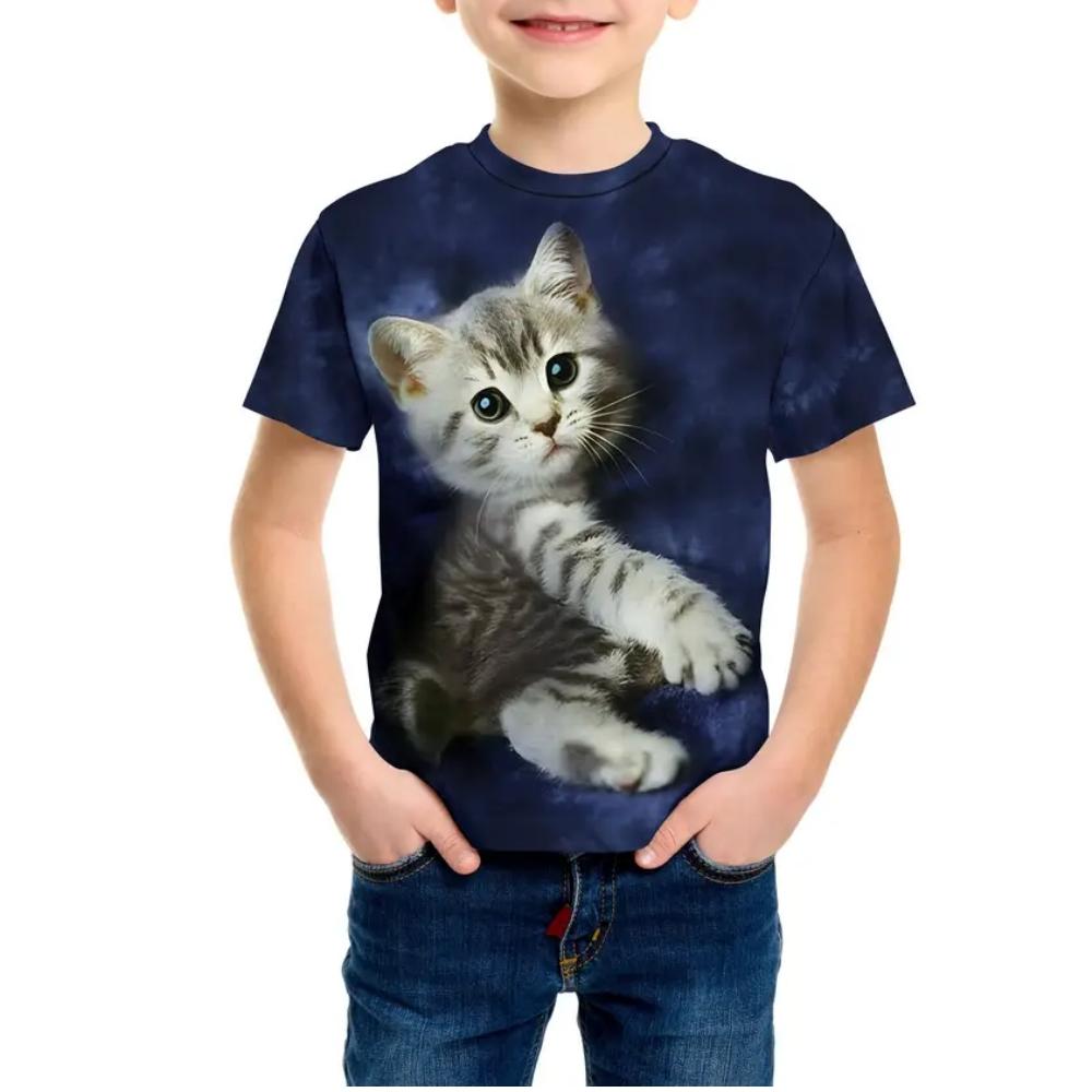 

Детская одежда Летняя с короткими рукавами 3D-принт Графика крутого кота Уличная мода для прогулок Детская для мальчика 100