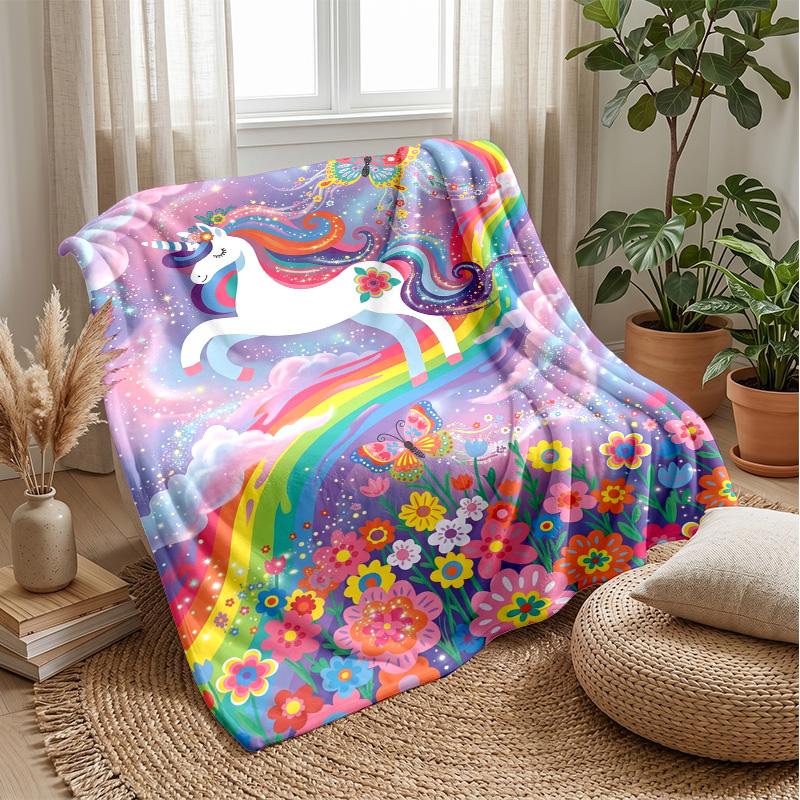 Unicorn Rainbow Fantasy Theme Blanket Lightweight Warm Flannel Blanket Decorative Throw Blanket for Home Decoration