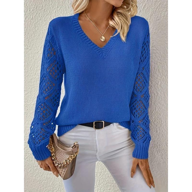 Spring and Autumn Women's Sweater Skeleton Knitted Sweater Pullover Long Sleeve Crochet Jacquard Loose V-Neck Bottom Top