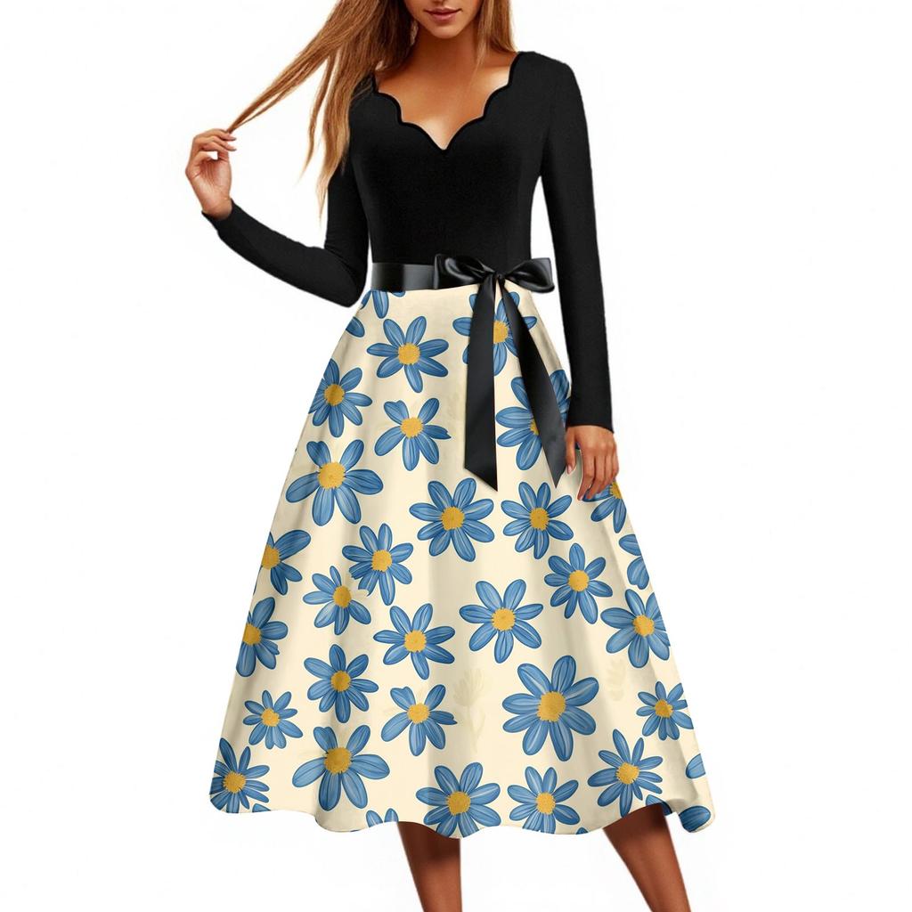 Women's Casual Fashion Floral Print Wave V Neck Vintage Dress