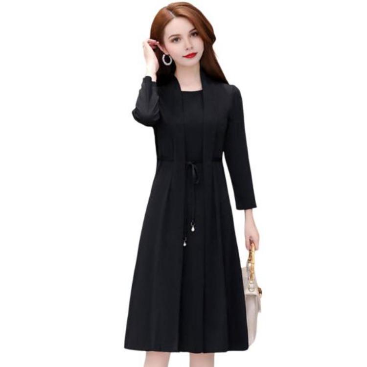 Elegant Plus Size Lady Dress Formal Office Commuting Midi Dress Long Sleeve A-line Lace-up Strap Fake Two-piece Style