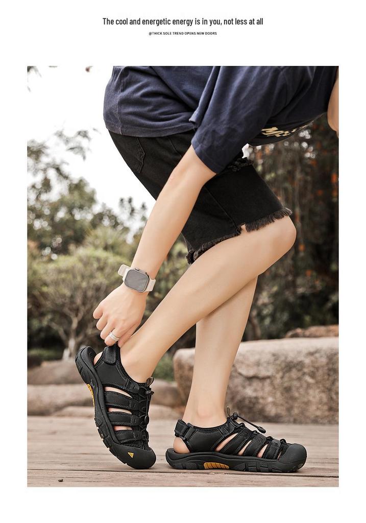 Men's Summer Closed-Toe Leather Sandals for Casual Outdoor Hiking and Beach Activities