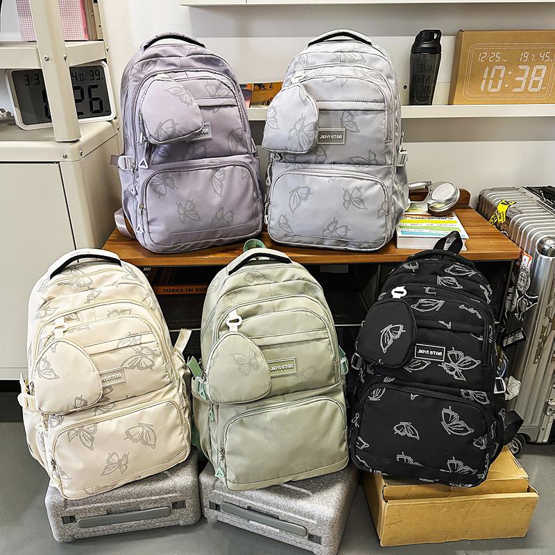 Butterfly Print Junior High School Student Schoolbag Women's Large Capacity Travel Lightweight Backpack with Coin Purse