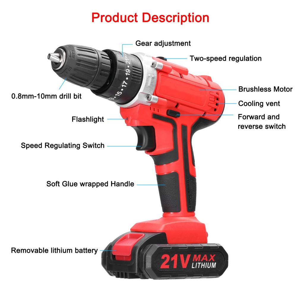 Haushalts-Multifunktions-21-V-Bohrmaschine, 3 Arbeitsmodi, 2 Geschwindigkeitsregelung, stufenlose Geschwindigkeit