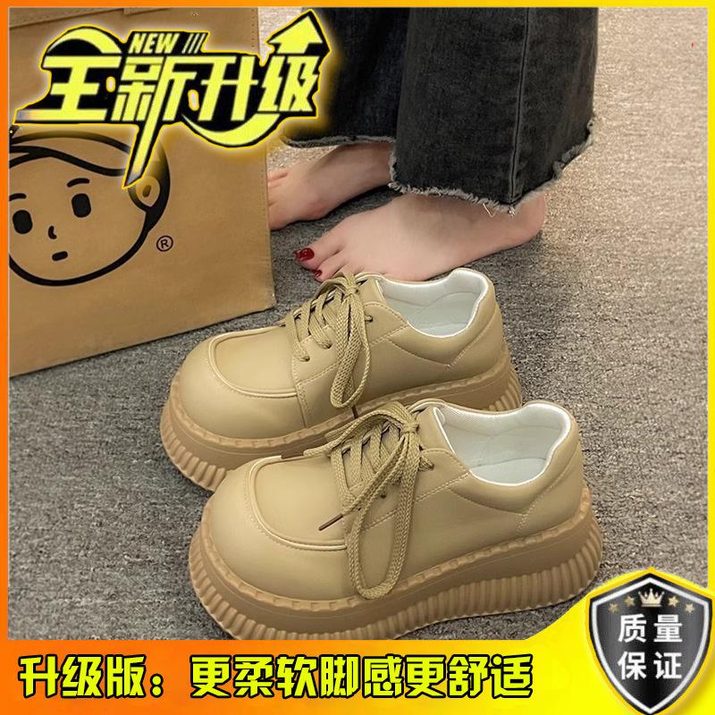 British Style Small Leather Shoes Women's Platform Height Increase 2024 Popular Muffin Loafers Spring and Summer Black Sports and Leisure Shoes