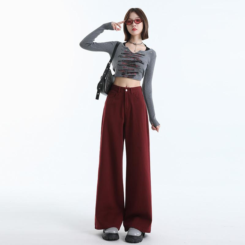 Design Sense Back Bag High Waist Wide Leg Jeans Women's Ankola Red Autumn New Loose and Skinny Casual Pants