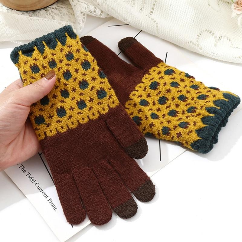 Flower Pattern Knitted Gloves For Women Girl Stylish Design Windproof Thick Warm Handwear for Cycling Skiing Daily Use