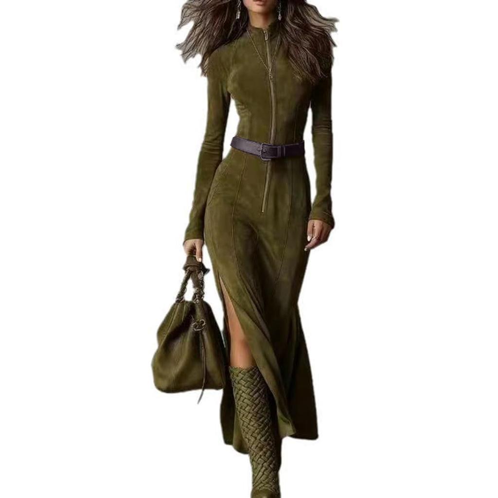 Abito Camicia Cowboy Western da Donna con Design Avvolgente Plissettato, Abito Maxi Fluido con Spacco Alto e Orlo Arricciato, Abito a Maniche Lunghe