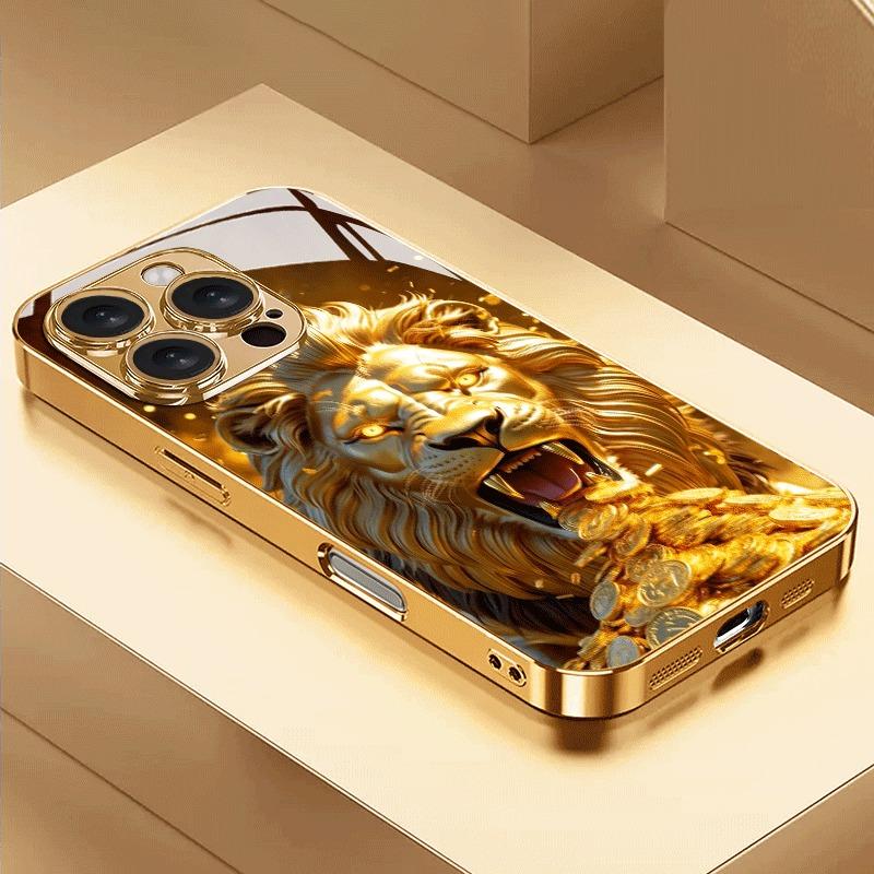

Golden Roaring Lion Pattern Gold Metallic Paint Glass Phone Case For iPhone 17 Pro Max 11 12 13 14 15 16 Plus 17 Air 16E Cover iPhone 14 Pro