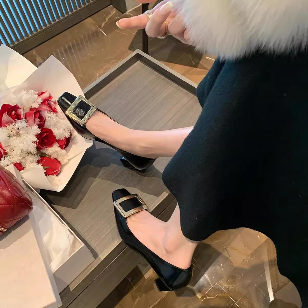 Cowhide Version~ Classic, Elegant, Light Mouth Temperament, Square Head, Thin and Versatile, Thick Heel, Square Buckle, Single Shoes for Women