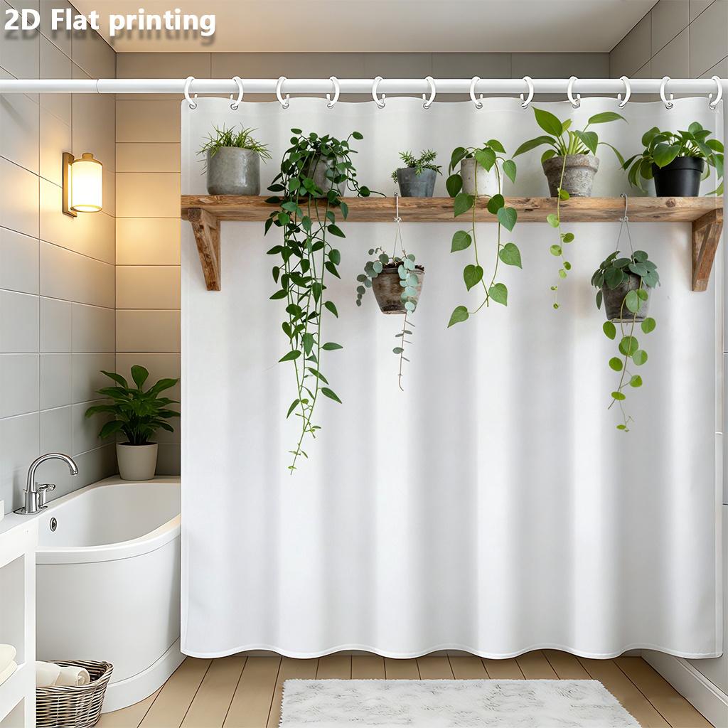 

Hanging Plants Shower Curtain 1Pc Polyester 2D Flat Print 70.8X70.8 White Background Green Foliage Grommet Top W60H190(CM)-1 Pcs