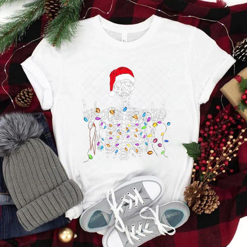 Christmas Skeleton Shirt Funny Lights Skull TShirts for Unisex Unisex Classic Street Style Tops Tees Xmas Santa Hat Skull Clothes