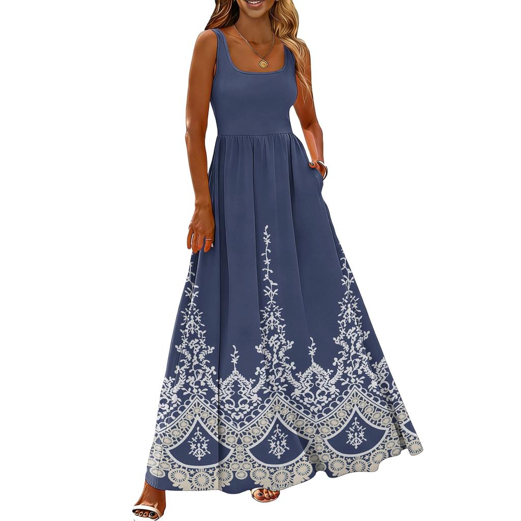 Ladies' floral print summer casual and fashionable sleeveless long dress