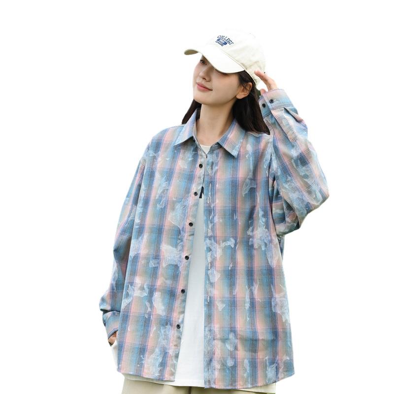 Tie-dye plaid long-sleeved shirts for men and women, autumn new trendy Hong Kong style casual jackets, youth tops