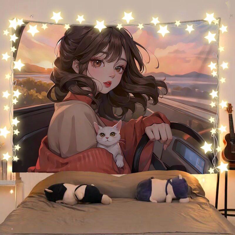 Anime Girl And Cat Healing Scenery Tapestry Wall Hanging Decorative Fabric for Room Headboard And Background Decoration