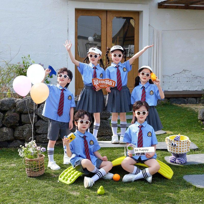 

1 Children s Costume Kindergarten Suit Preppy Style Primary School Student Graduation Photo School Uniform Business Attire Short Sleeve British Style Women s Blue Stripes Suit 120cm
