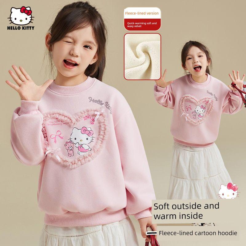 Girls  Autumn and Winter Fleece Sweatshirt 2025 New Style for Older Children, Energetic Heart-Shaped Mesh Thickened Warm Sweatshirt Pink 110