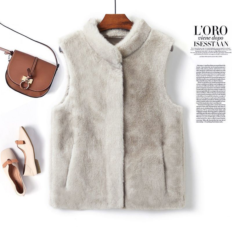 

меховая интегрированная водонепроницаемая норковая жилетка куртка осень и зима новая средняя и пожилая большой размер свободная модная темпераментная короткая жилетка L [recommended 90-55kg] серебряный серый