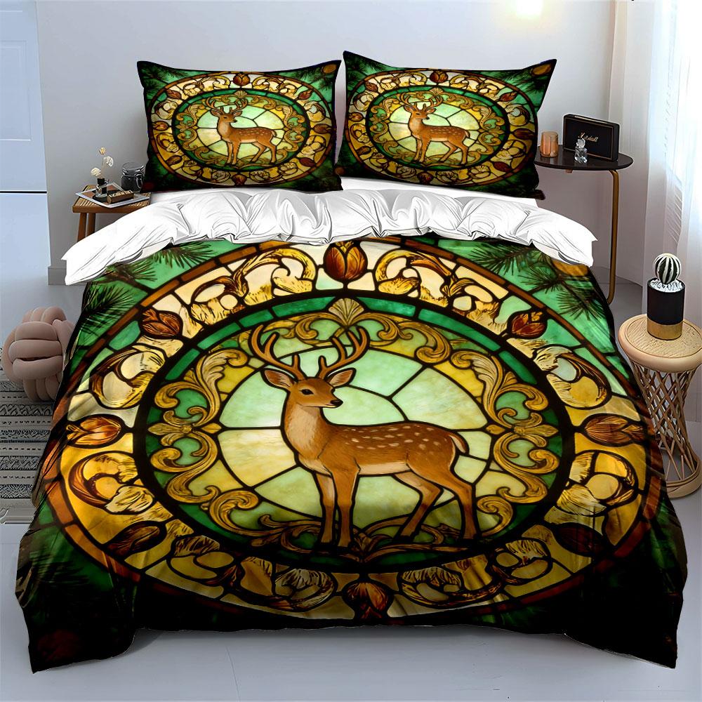 Deer Stained Glass Window Decor Soft Comfortable Duvet Cover Bedding Set Included 1*Duvet Cover & 2*Pillowcases, Gift