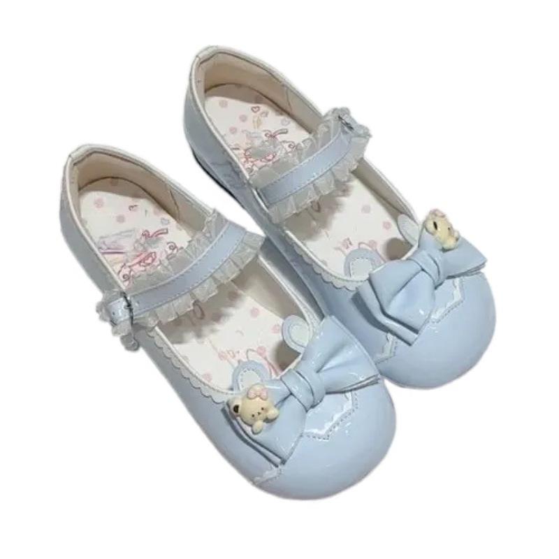 Campus Wind Sweet Pink Lo Shoes Japanese Round Head Single Shoes Women's Bow Summer Cute Cute One-word Buckle Leather Shoes