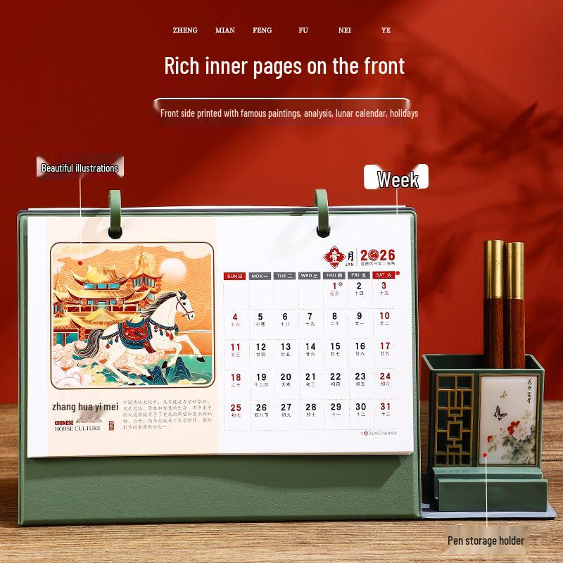 2026 Year of the Horse Leather Desk Calendar with Pen Holder, Custom Logo, Monthly Overview, Multifunctional Office Ornament.
